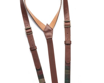 brown cowskin lether suspenders with brown elastic and  textile checkered ends