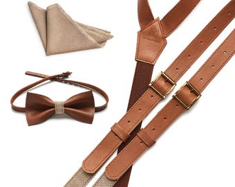 Set of Leather braces, bowtie,handy, Unique suspenders with bow tie, gifts for him, wedding suspenders, christmas gifts for boyfriend