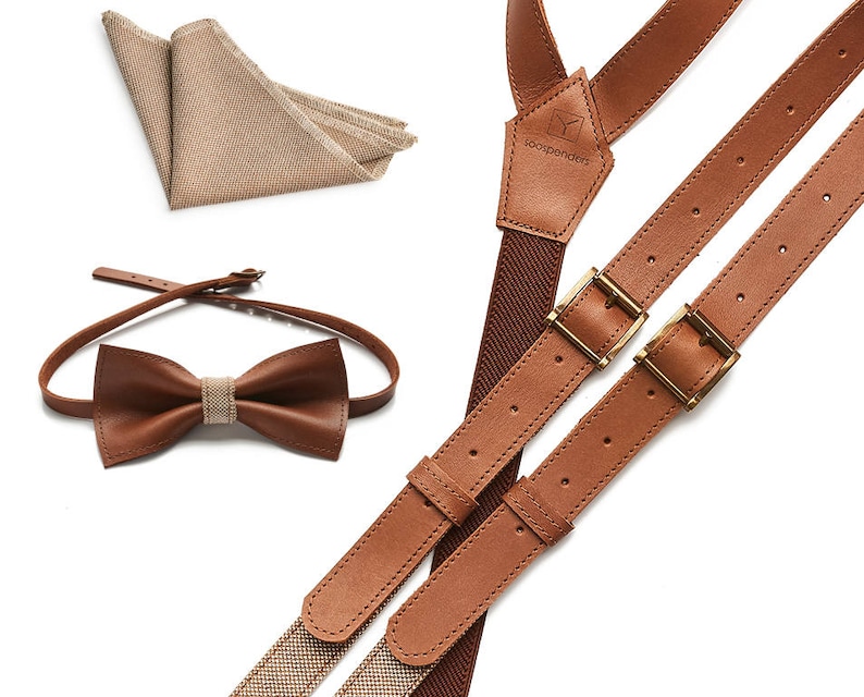 Set of Leather braces, bowtie,handy, Unique suspenders with bow tie, gifts for him, wedding suspenders, christmas gifts for boyfriend image 1