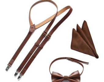 Set of Leather braces, bowtie and handy, Unique suspenders with bow tie, christmas gifts for him, wedding suspenders, groom, wedding suit