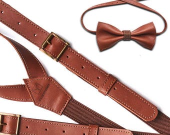Set of Leather braces and bowtie, Unique suspenders with bow tie, christmas gifts for him, wedding suspenders, christmas gifts for boyfriend