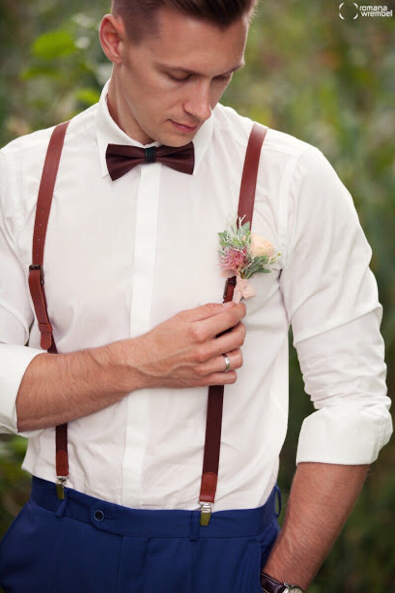 Ensemble daccolades en cuir et nœud papillon, bretelles uniques avec nœud papillon, cadeaux de Noël pour lui, bretelles de mariage, cadeaux de Noël pour petit ami image 5