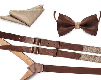 Set of Leather braces, bowtie,handkerchief, christmas gifts for him, wedding suspenders, christmas gifts for boyfriend, wedding suit
