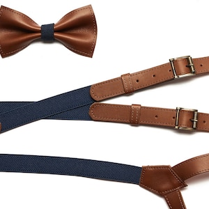 Brown cowskin leather set with blue elastic, wedding suspenders, hochzeit, Hosenträger