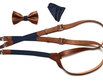 Set of Leather braces, bowtie and handy, Unique suspenders with bow tie, christmas gifts for him, wedding suspenders, groom, wedding suit