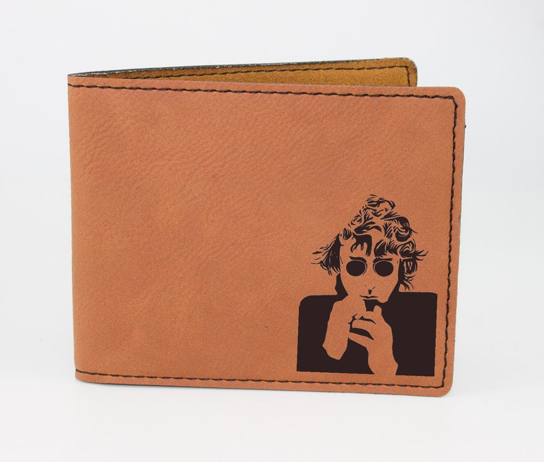 Custom Personalized Brown Wallet Birthday Gift for Husband Vegan Cruelty Free Leather John Lennon Laser Engraved Wallet for Men