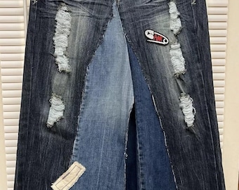 Longue jupe en jean bohème hippie chic recyclée recyclée, taille 13/12/14/15, pièces effilochées