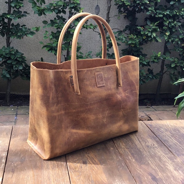 Large leather bag shopper leather shopping bag robust leather used look curry brown handmade