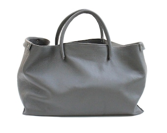 large handmade leather bag tote bag leather soft, grained leather light gray handmade