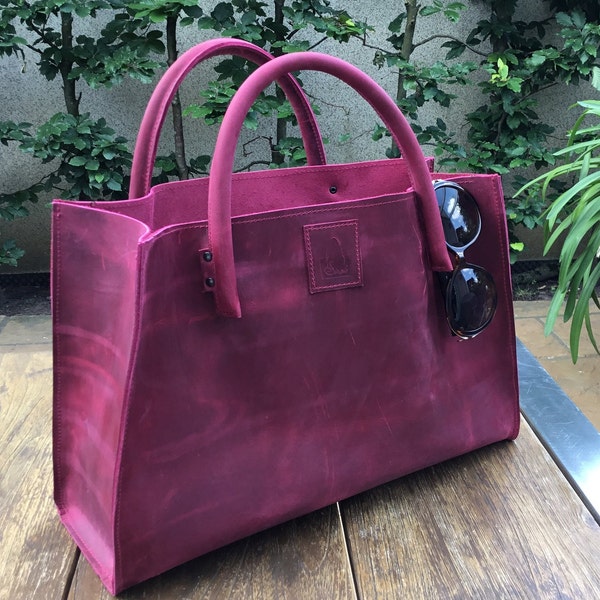 Ledertasche Tote bag Leder magenta used look handgefertigt