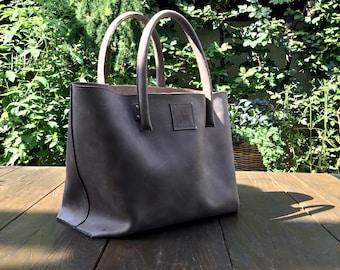 Leather market bag gray used look handmade