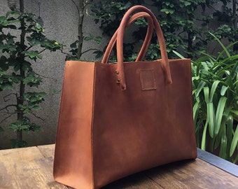 cognac brown leather bag for documents leather tote bag cowhide used look design and other colors handmade