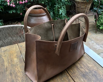 braune Ledertasche Tote bag Leder used look handgefertigt und langlebig