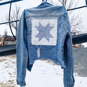 Juniors Denim Jacket with Star Quilt Block