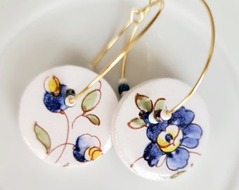 Broken plate earthenware jewelry, flower earrings, recycled jewelry, Gold plated Creoles, Mother's Day gift, birthday gift