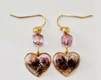 Dried natural rosebud earrings, dried natural flower jewelry, Mother's Day gift, heart earrings.