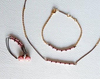 Three-piece pink adornment, miuki beads, stainless steel, copper, precious metals, bridesmaid jewelry, wedding jewelry