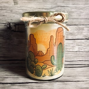 Hand Poured Arizona Print Jar Candle Cactus Cacti Desert Jar Candle Handmade Arizona Desert Cactus
