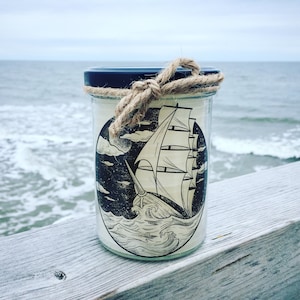 Hand-poured candle in a glass with sailing ship print ship sea maritime jar candle handmade sailing ship maritime