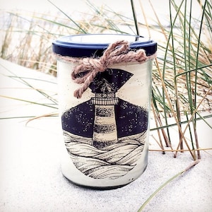 Hand-poured candle in a glass with a lighthouse print Sea Jar Candle Handmade Lighthouse Sea