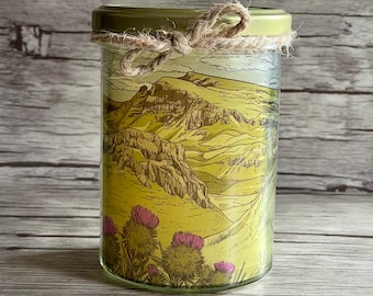 Handmade candle in a glass jar made from recycled wax, Scotland, Isle of Skye, Quiraing Jar Candle, Handmade Scotland, Thistle, thistle hike, recycling