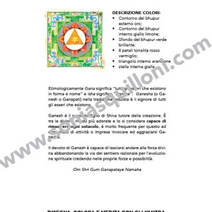 May include: Ganesha Yantra, a spiritual symbol, with a green, yellow, orange, and red mandala design. The text reads "Ganesha Yantra, Colui Che Rimuove Gli Ostacali, Descrizione Colori, Contorno del bhupur esterno oro, Contorno del bhupur interno giallo limone, Sfondo del bhupur verde brillante, 8 petali tonalita rosso vermiglio, triangolo interno arancione, stella interna gialla, Etimologicamente Gana significa "tutti gli esseri che esistono in forma e nome" e isha significa "signore", Ganesha (o Ganapati) nella tradizione, Ganesh e il signore di tutti gli esseri che esistono, Ganesh e il figlio di Shiva tutore della creazione. E tra le divinita Hindu piu adorate e lo si considera capace di rimuovere ogni ostacolo, e molto frequente per questo ad ogni inizio di attivita o impresa invocare ed aggraziarsi Ganesha, Il devoto di Ganesh e capace di lasciarsi andare alla forza divina abbandonando la via del sentiero razionale per l'evoluzione spirituale credendo nelle proprie forze e possibilita, Om Shri Gum Ganapataye Namaha, Disegna, Colora e Medita con gli Yantra, Yoga e Creativita, www.soniasquilloni.com".