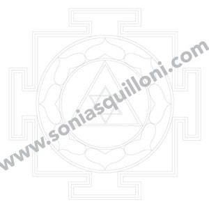 May include: A black and white line drawing of a geometric mandala with a triangle in the center. The mandala is surrounded by a square frame.