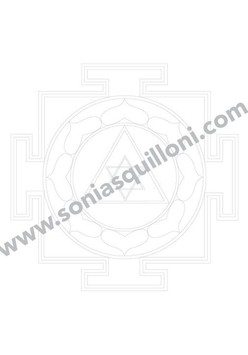 May include: A black and white line drawing of a geometric mandala with a triangle in the center. The mandala is surrounded by a square frame.