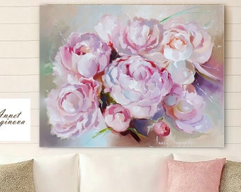 Round Painting Floral Oil Painting Neutral Wall Art Peonies | Etsy