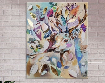 Deer painting on canvas, Deer Art Print, Christmas Spirit, Gold Accents, Whimsical Flowers, Canvas Print