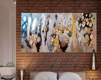 Pintura extra grande, arte abstracto de pan de oro, decoración de pared de oro marrón, arte de pared grande
