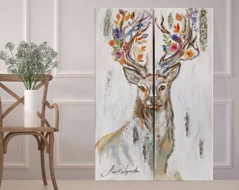 Nordic Elegance deers painting, Animals wall art, Boho decor, Rustic Reindeer wall art set of2