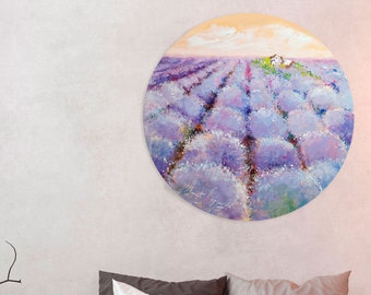 Lavender Landscape canvas painting, Round oil Painting, Impressionist Painting, Provence painting, Original Landscape Wall Art