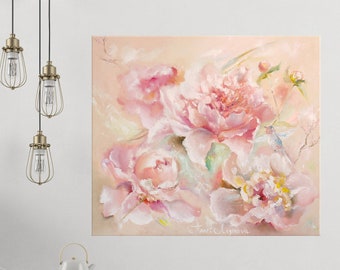 Pink flowers painting, Floral painting, Bedroom wall decor, Peony oil painting original