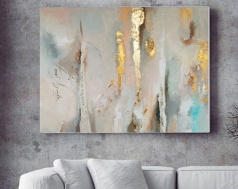 Large Abstract Canvas art, Horizontal wall art, Gold leaf painting, Extra Large painting, Textured wall art