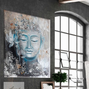 Pintura moderna, Pintura de Buda, Decoración de pared oriental, Arte de pared boho, Pan de plata sobre lienzo, Arte de pared del comedor