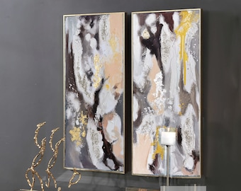 Set of 2 canvas Trendy wall art, Gallery wall set, Abstract painting, Gold metal wall art, Abstract wall art