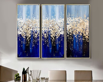 Hand Painted Abstract Gold and Blue Set Oil Painting on Canvas, Wall Art Painting, Rich Textured Wall Picture