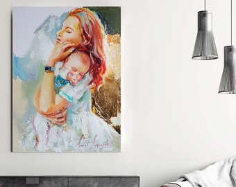 Mother day art, I love you decor, Baby Hugs, Personalized portrait Art by Annet Loginova