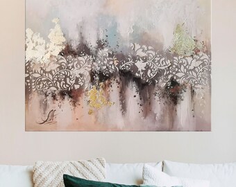 Large abstract wall art, White Painting, Abstract Wall Art Gold Leaf wall art Extra Large Wall Art