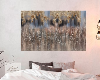 Pintura extra grande, arte abstracto de pan de oro, decoración de pared de oro marrón, arte de pared grande