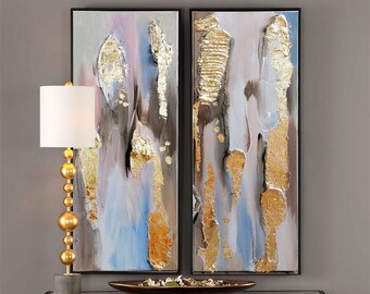 Golden wall set, Original Abstract painting, Wall decor set of 2 art, Textured Paintings, Abstract wall art
