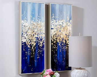 Set paintings, 2 piece wall art, Gold Leaf Painting, Blue gold wall art, Leaf fall painting