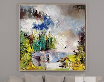 森の壁アート、山の油絵、大きなオリジナル絵画、風景の壁アート、リビングルームの壁アート