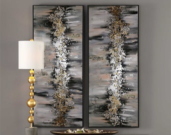 Contemporary wall art, Original Abstract painting, Set of 2 wall art, Silver leaf Painting, Abstract wall art