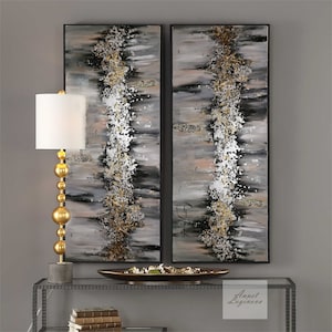 Contemporary wall art, Original Abstract painting, Set of 2 wall art, Silver leaf Painting, Abstract wall art
