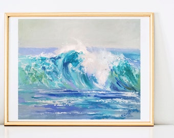 Small-Sized Oil Painting Capturing the Essence of the Ocean with Textures, Foam, and Beautiful Blue and Turquoise Hues