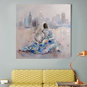 Thinking of you gift, Town wall art, California painting, Framed oil painting, Picture with lovers