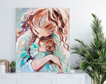 Art original de la maternité, peinture pour la fête des mères, câlins de bébé, art mural pour chambre d'enfant, peinture mère et bébé