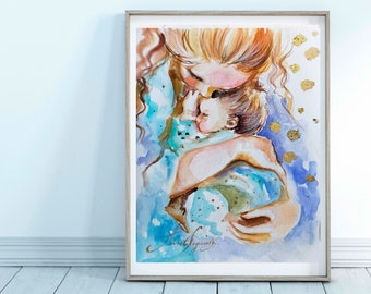 Mother and child art, Hand-painted watercolor artwork, Inspiring painting for nurseries